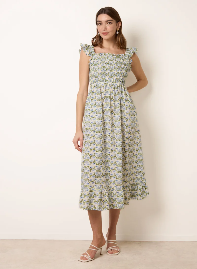 بلو فانيلا Floral &amp; Frill Shirred Bodice Midi Dress